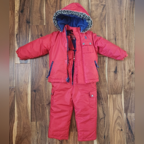 IZOD Red Snowsuit Bibs And Jacket With Hood. EUC. 18-24m